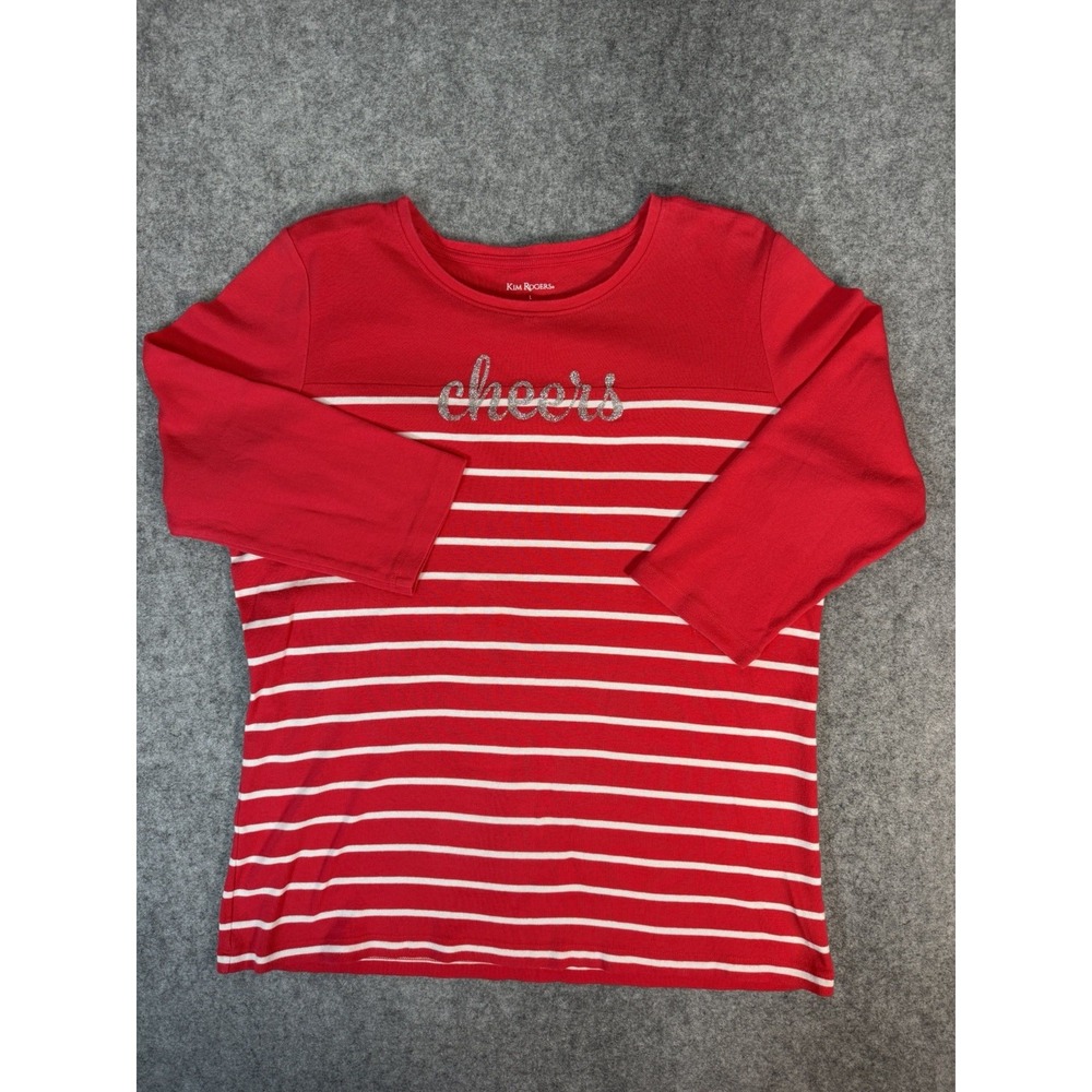 Kim Rogers Womens L Christmas Cheers Shirt Red Pink Stripe Long Sleeve Holiday - Picture 3 of 10